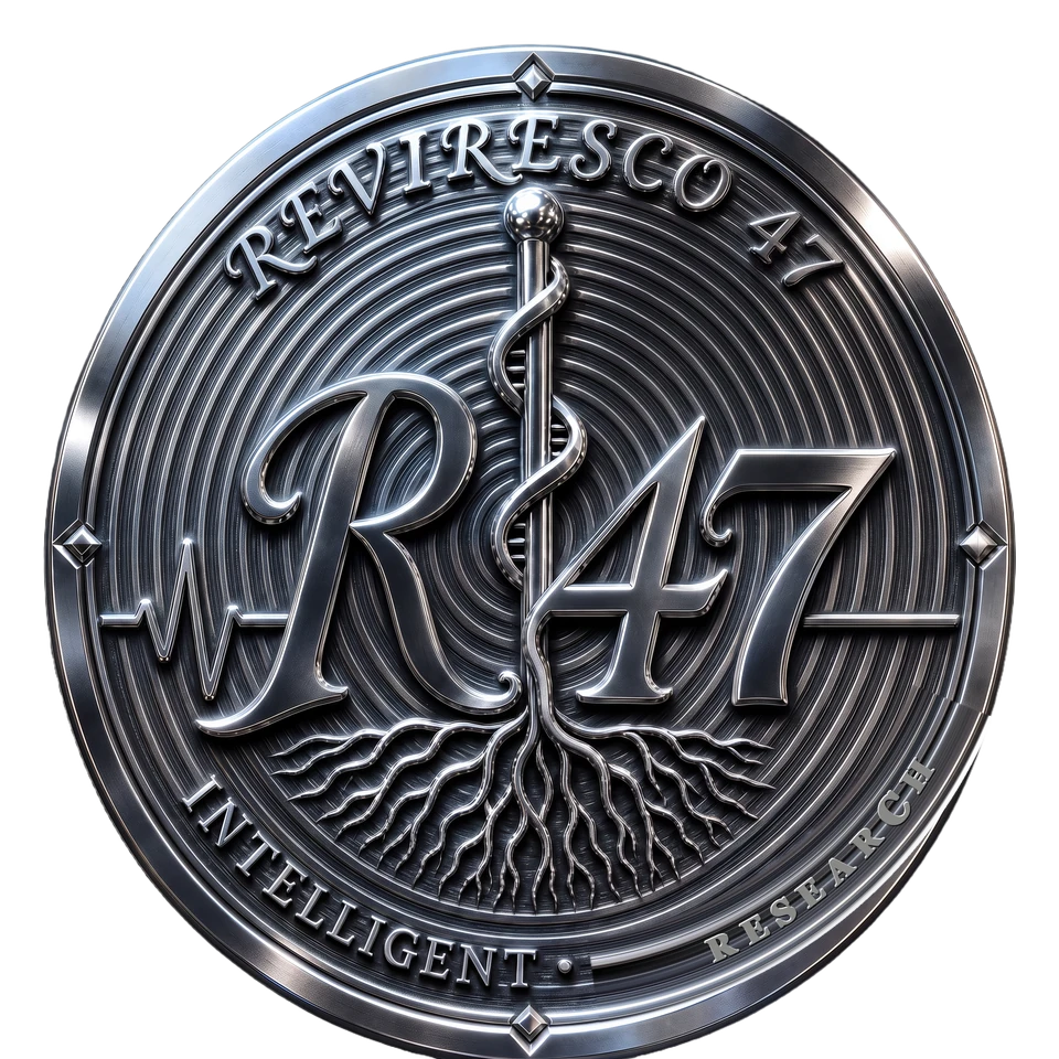 Reviresco 47 seal: a metal disc with concentric rings, a central staff, roots, and a pulse line